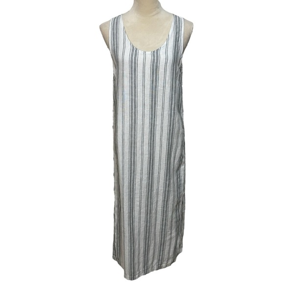 Garnet Hill Gray Striped 100% Linen Lightweight Maxi Button Side Tank Dress S - Picture 1 of 12